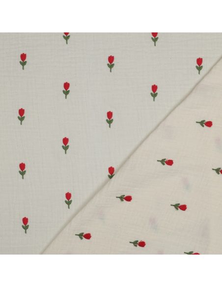 Double gauze fabric embroidered with flowers - Natural