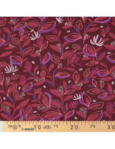 Cotton poplin fabric with flowers and leaves - Bordeaux