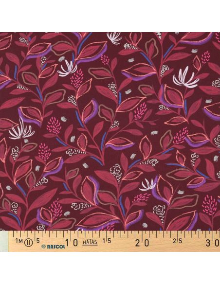 Cotton poplin fabric with flowers and leaves - Bordeaux