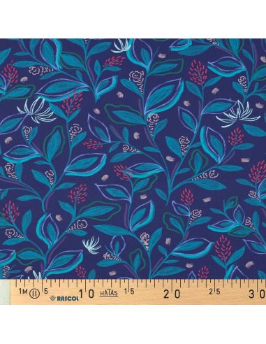 Cotton poplin fabric with flowers and leaves - Blue