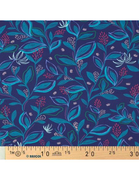 Cotton poplin fabric with flowers and leaves - Blue