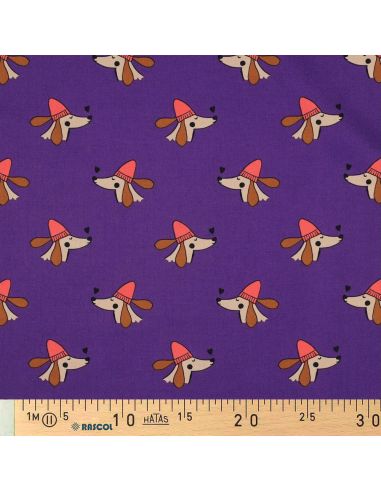 Cotton poplin fabric with dogs and hearts - Purple