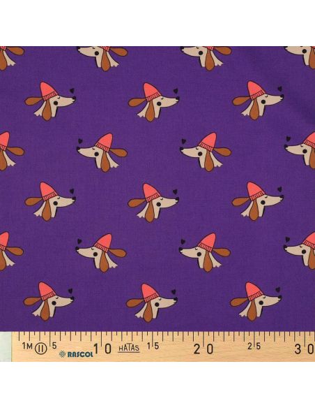 Cotton poplin fabric with dogs and hearts - Purple