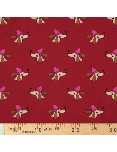 Cotton poplin fabric with dogs and hearts - Bordeaux