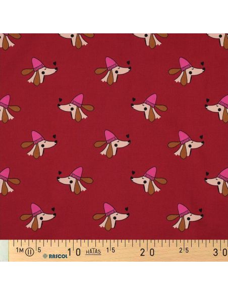 Cotton poplin fabric with dogs and hearts - Bordeaux
