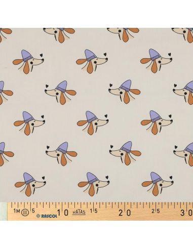 Cotton poplin fabric with dogs and hearts - Off-white