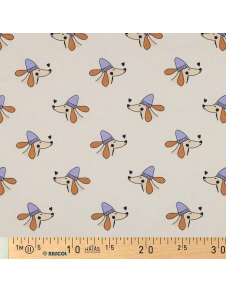Cotton poplin fabric with dogs and hearts - Off-white