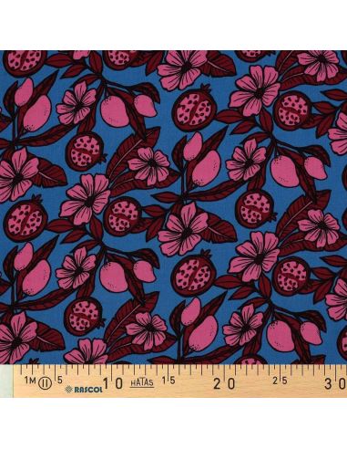 Viscose fabric - Pink flowers on blue background