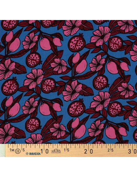 Viscose fabric - Pink flowers on blue background