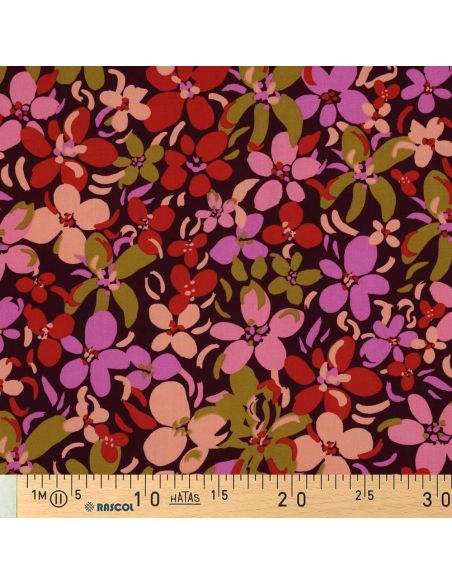 Dark purple viscose fabric with bright flowers