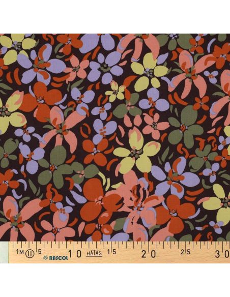 Viscose fabric with bright flowers - Dark brown