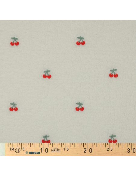 Teddy fur fabric embroidered with cherries - Ecru