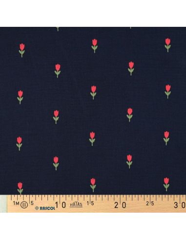 Double gauze fabric embroidered with tulips - Navy