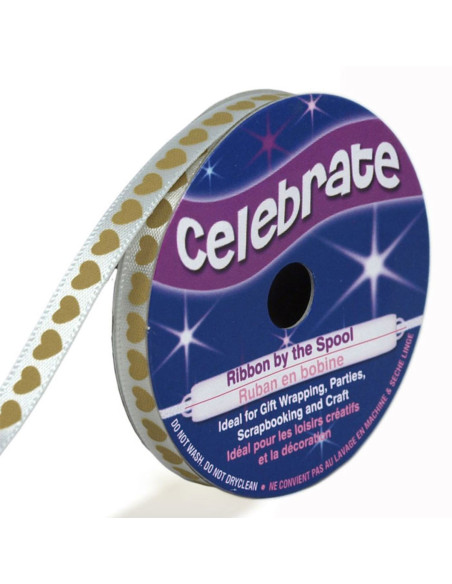 Celebrate white satin ribbon with gold hearts print - 6 mm x 4 meters