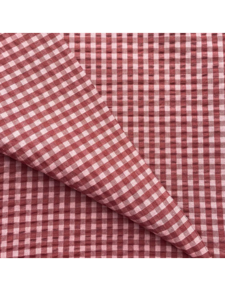 Plaid Seersucker Fabric - Bordeaux and Tea Rose