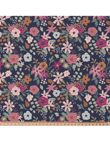 Cotton poplin fabric - Olga navy and pink