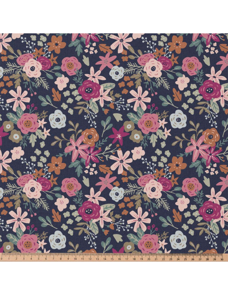 Cotton poplin fabric - Olga navy and pink