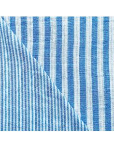Crinkled double gauze fabric with stripes - Azure and off-white