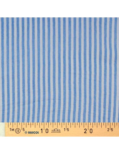 Crinkled double gauze fabric with stripes - Azure and off-white