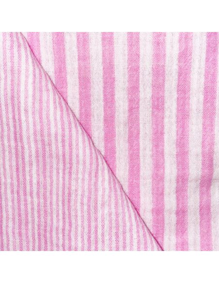 Crinkled double gauze fabric with stripes - Bubblegum and off-white