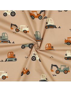 Cotton poplin fabric construction vehicles - Beige
