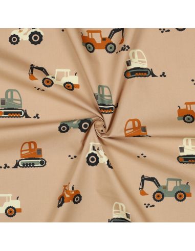 Cotton poplin fabric construction vehicles - Beige
