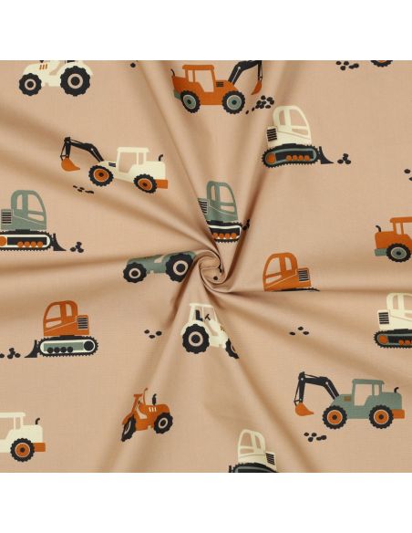 Cotton poplin fabric construction vehicles - Beige