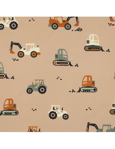 Cotton poplin fabric construction vehicles - Beige