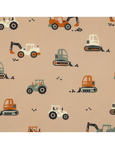 Cotton poplin fabric construction vehicles - Beige