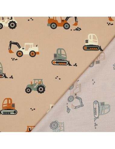 Cotton poplin fabric construction vehicles - Beige