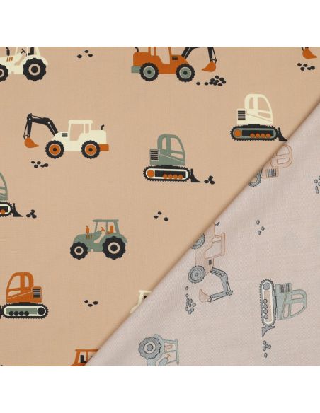 Cotton poplin fabric construction vehicles - Beige