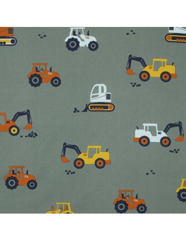 Cotton poplin fabric construction vehicles - Green
