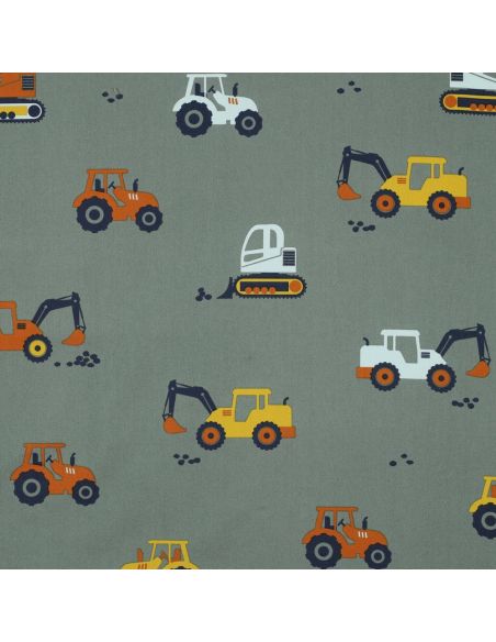 Cotton poplin fabric construction vehicles - Green