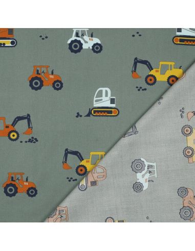 Cotton poplin fabric construction vehicles - Green