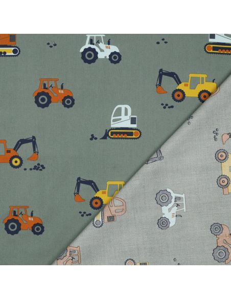 Cotton poplin fabric construction vehicles - Green