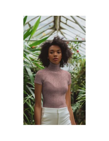 Ribbed lurex knit fabric - Rose gold