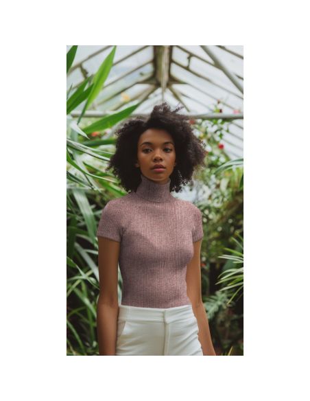 Ribbed lurex knit fabric - Rose gold