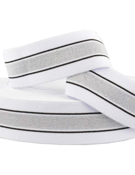 Fancy striped white and silver lurex elastic 40 mm