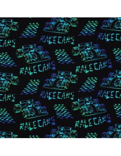 Race cars printed jersey fabric - Black background
