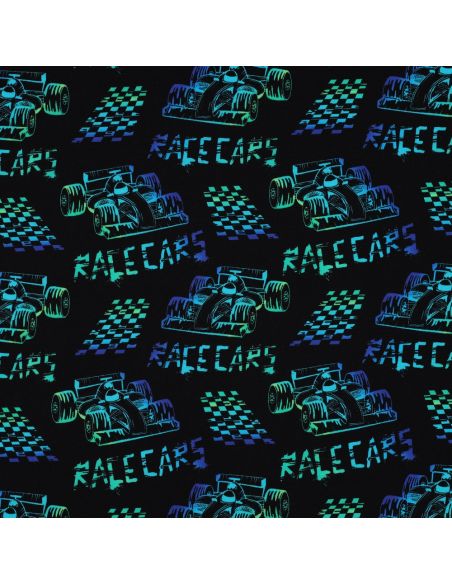 Race cars printed jersey fabric - Black background