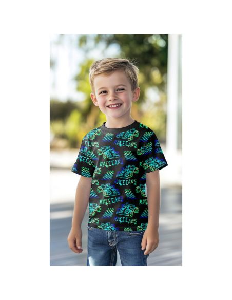 Race cars printed jersey fabric - Black background