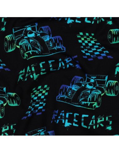 Race cars printed jersey fabric - Black background