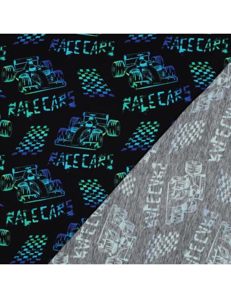 Race cars printed jersey fabric - Black background