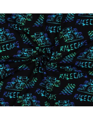 Race cars printed jersey fabric - Black background