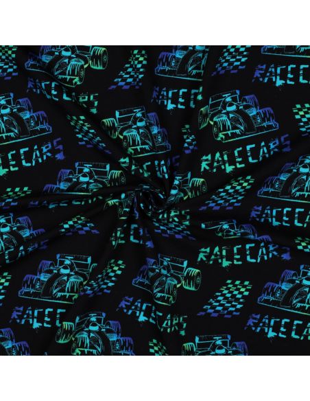 Race cars printed jersey fabric - Black background