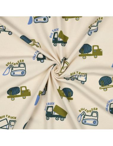 Light sweatshirt fabric construction vehicles - Ecru