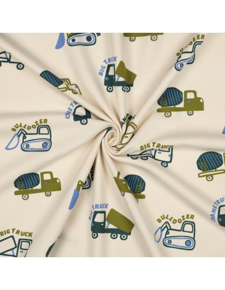 Light sweatshirt fabric construction vehicles - Ecru
