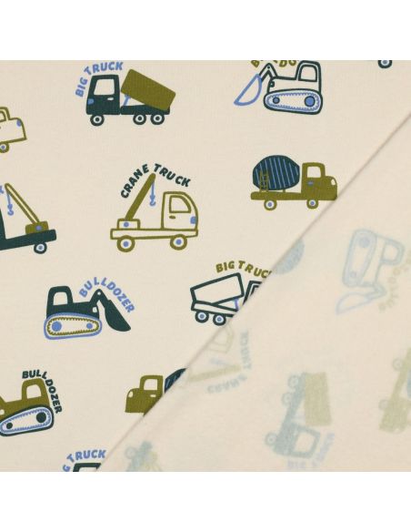Light sweatshirt fabric construction vehicles - Ecru