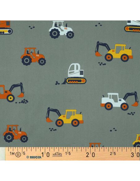 Cotton poplin fabric construction vehicles - Green
