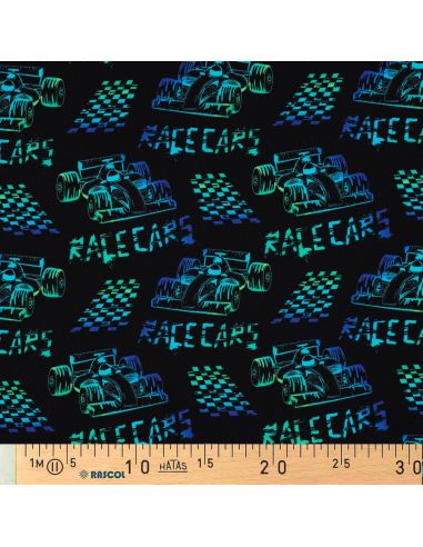 Race cars printed jersey fabric - Black background